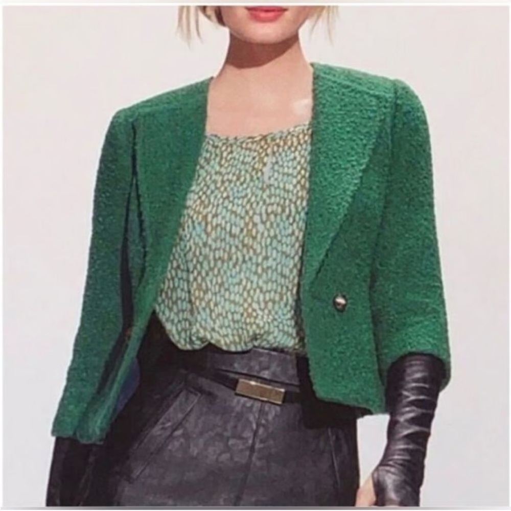 CAbi Boucle Cropped Wool Blend Blazer-Jacket in #532 Ivy Green w/ Brass Buttons